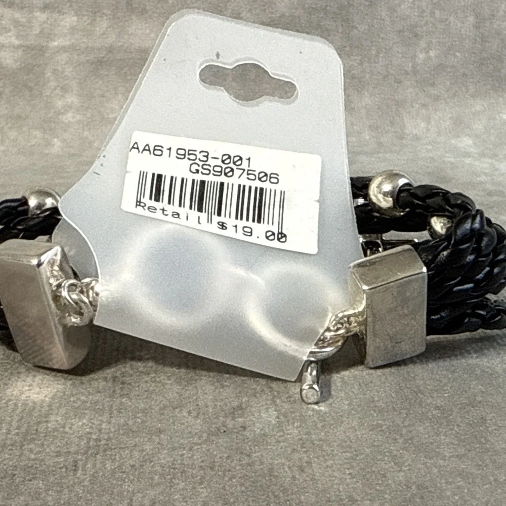 Tamina By Stella Faux Laether Corded Bracelet Silver Tone Cross White Rhinestone